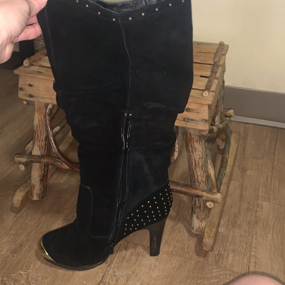 Mark High Heels Studded Boots Genuine Suede Size 9 Black with Gold Studs